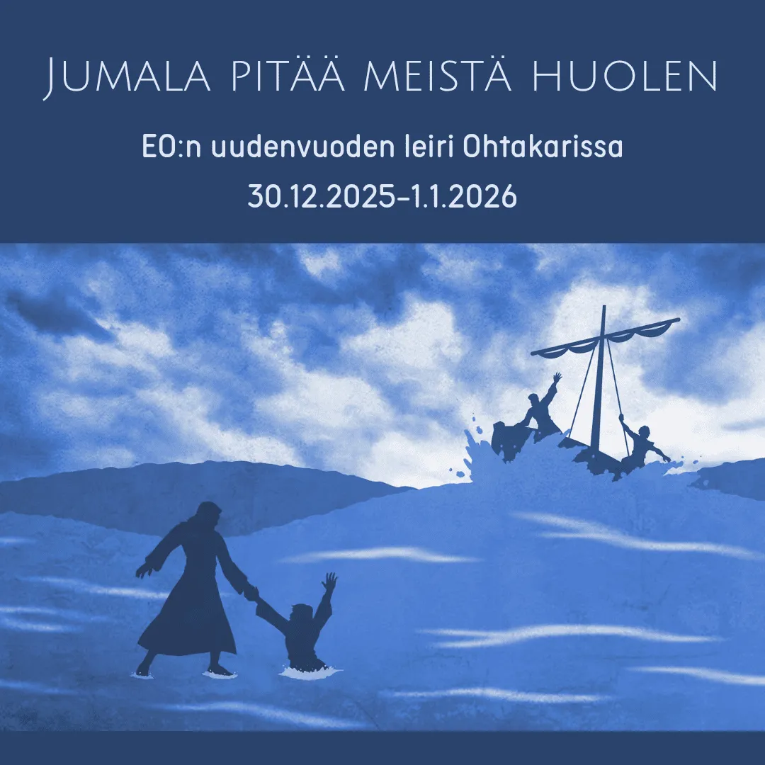 Siluettikuva, jossa aallot keinuttavat venettä ulapalla. Jeesus seisoo veden päällä ja kiskoo Pietaria ylös vedestä.